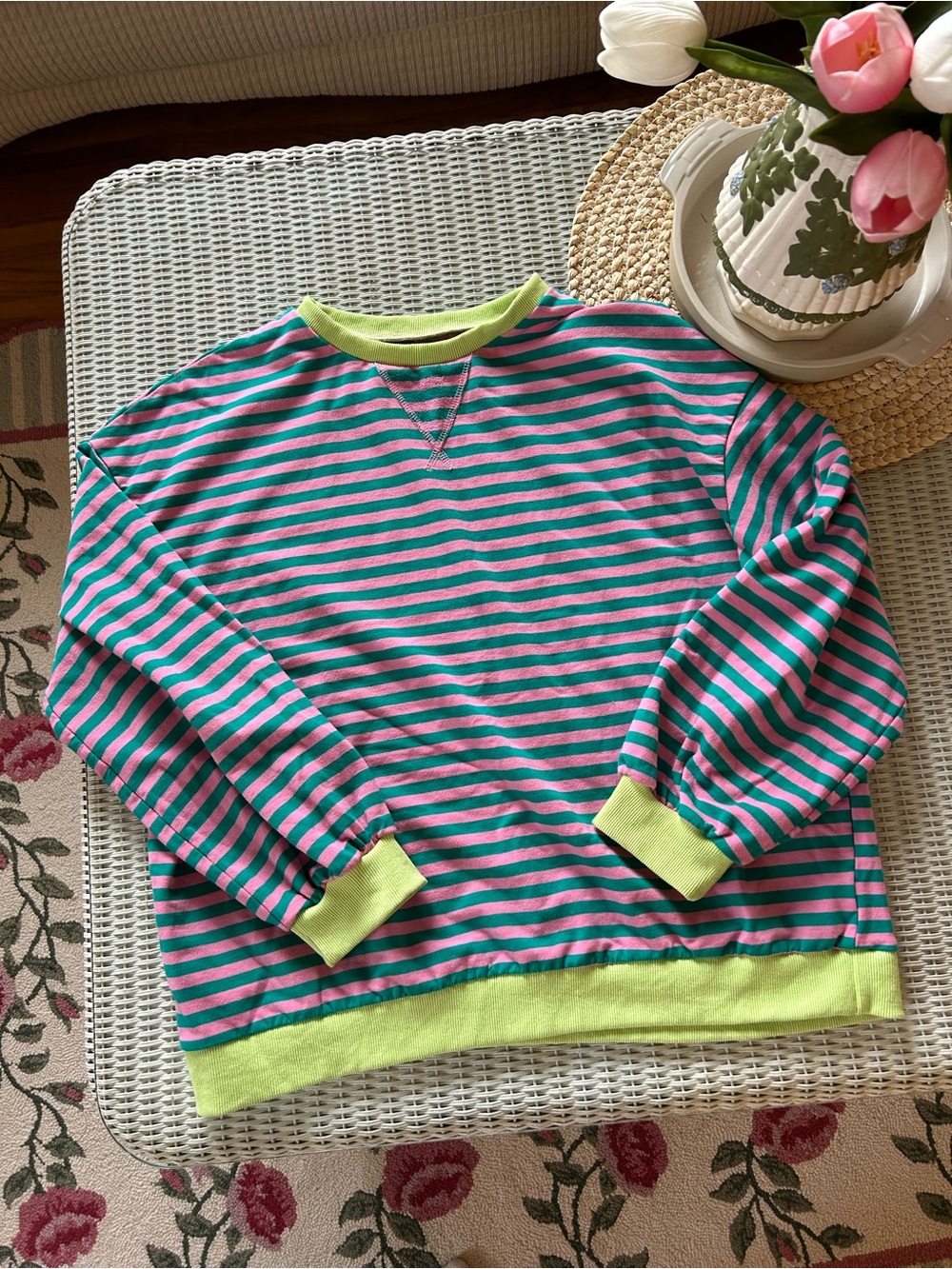 Kids Neon Lime Trim Pink & Teal Striped Sweatshirt